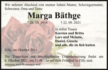 Traueranzeige von Marga Bäthge  von Magdeburger Volksstimme
