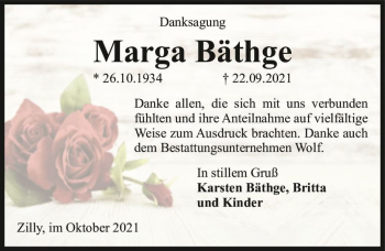 Traueranzeige von Marga Bäthge  von Magdeburger Volksstimme