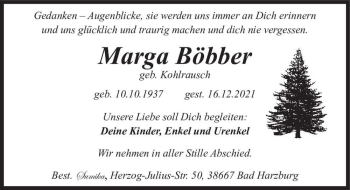 Traueranzeige von Marga Böbber (geb. Kohlrausch)  von Magdeburger Volksstimme