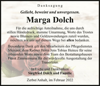 Traueranzeige von Marga Dolch  von Magdeburger Volksstimme