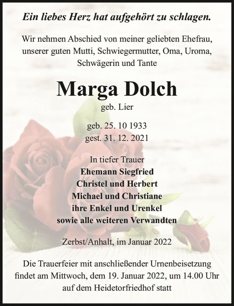  Traueranzeige für Marga Dolch (geb. Lier)  vom 08.01.2022 aus Magdeburger Volksstimme
