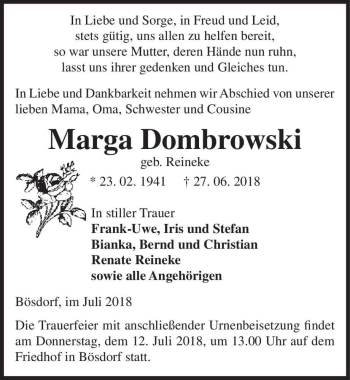 Traueranzeige von Marga Dombrowski (geb. Reineke)  von Magdeburger Volksstimme