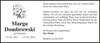 Traueranzeige von Marga Dombrowski (geb. Reineke)  von Magdeburger Volksstimme
