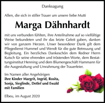 Traueranzeige von Marga Dähnhardt  von Magdeburger Volksstimme