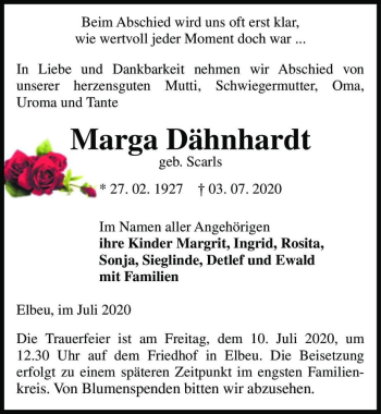 Traueranzeige von Marga Dähnhardt (geb. Scarls)  von Magdeburger Volksstimme