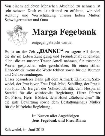 Traueranzeige von Marga Fegebank  von Magdeburger Volksstimme