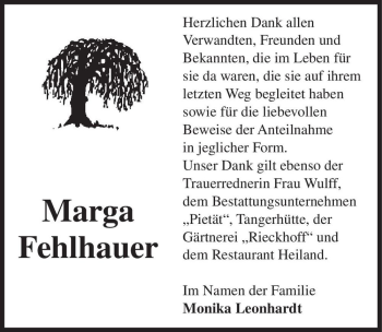 Traueranzeige von Marga Fehlhauer  von Magdeburger Volksstimme
