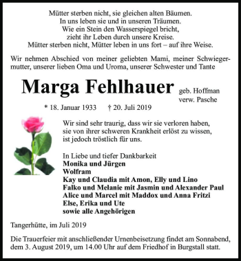 Traueranzeige von Marga Fehlhauer (geb. Hoffman, verw. Pasche)  von Magdeburger Volksstimme