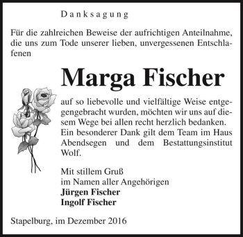 Traueranzeige von Marga Fischer  von Magdeburger Volksstimme