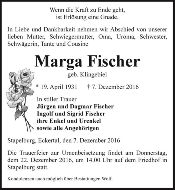 Traueranzeige von Marga Fischer (geb. Klingebiel)  von Magdeburger Volksstimme