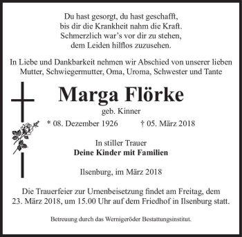 Traueranzeige von Marga Flörke (geb. Kinner)  von Magdeburger Volksstimme