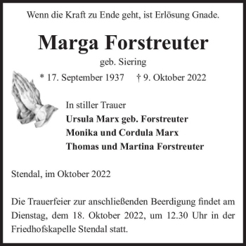 Traueranzeige von Marga Forstreuter (geb. Siering)  von Magdeburger Volksstimme
