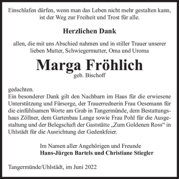 Traueranzeige von Marga Fröhlich (geb. Bischoff)  von Magdeburger Volksstimme
