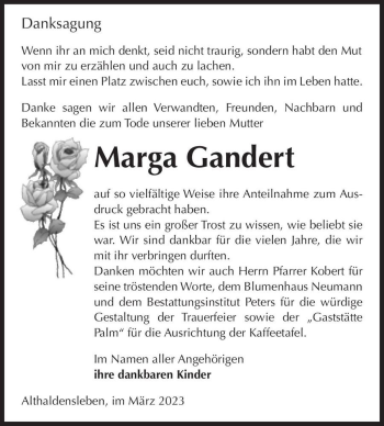 Traueranzeige von Marga Gandert  von Magdeburger Volksstimme