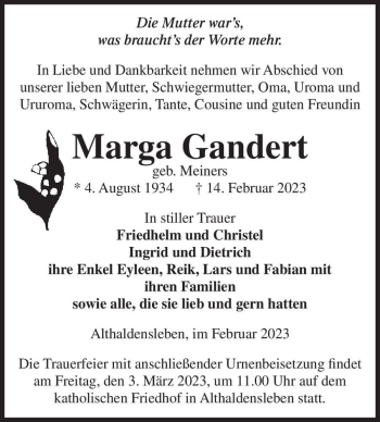 Traueranzeige von Marga Gandert (geb. Meiners)  von Magdeburger Volksstimme