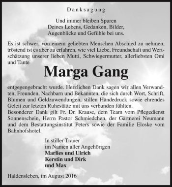 Traueranzeige von Marga Gang  von Magdeburger Volksstimme