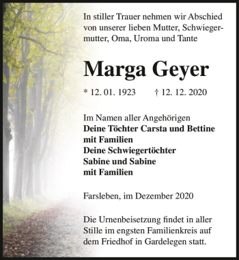 Traueranzeige von Marga Geyer  von Magdeburger Volksstimme