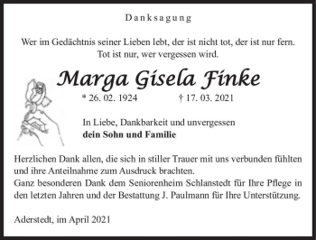 Traueranzeige von Marga Gisela Finke  von Magdeburger Volksstimme