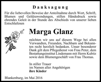 Traueranzeige von Marga Glanz  von Magdeburger Volksstimme