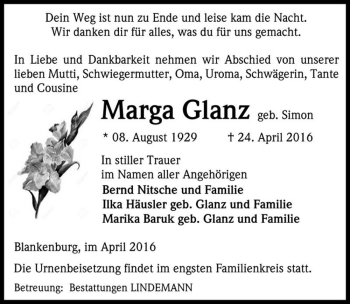 Traueranzeige von Marga Glanz (geb. Simon)  von Magdeburger Volksstimme