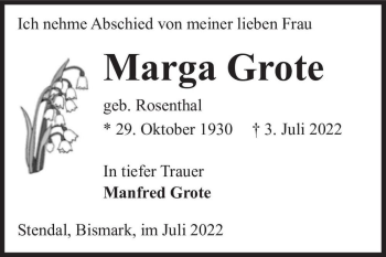 Traueranzeige von Marga Grote (geb. Rosenthal)  von Magdeburger Volksstimme