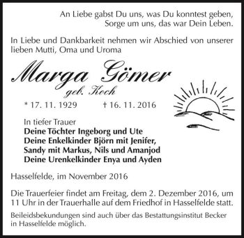 Traueranzeige von Marga Gömer (geb. Koch)  von Magdeburger Volksstimme