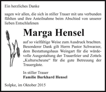 Traueranzeige von Marga Hensel  von Magdeburger Volksstimme