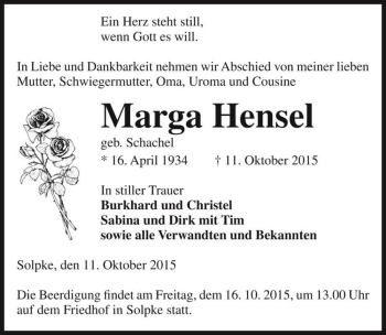 Traueranzeige von Marga Hensel (geb. Schachel)  von Magdeburger Volksstimme