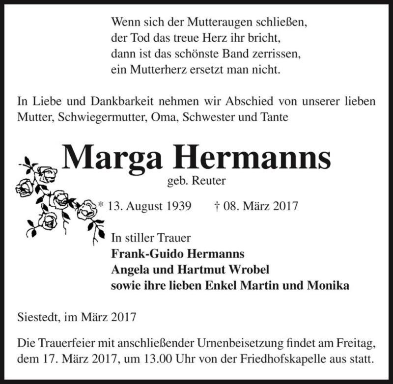 Traueranzeige für Marga Hermanns (geb. Reuter)  vom 10.03.2017 aus Magdeburger Volksstimme