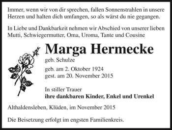 Traueranzeige von Marga Hermecke (geb. Schulze)  von Magdeburger Volksstimme