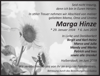 Traueranzeige von Marga Hinze  von Magdeburger Volksstimme