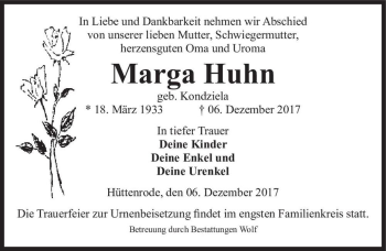 Traueranzeige von Marga Huhn (geb. Kondziela)  von Magdeburger Volksstimme