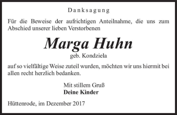 Traueranzeige von Marga Huhn (geb. Kondziela)  von Magdeburger Volksstimme