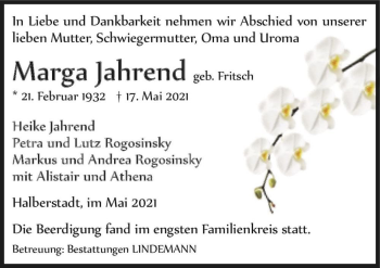Traueranzeige von Marga Jahrend (geb. Fritsch)  von Magdeburger Volksstimme