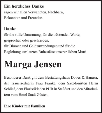 Traueranzeige von Marga Jensen  von Magdeburger Volksstimme