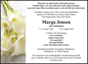 Traueranzeige von Marga Jensen (geb. Schliephake)  von Magdeburger Volksstimme