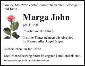 Traueranzeige von Marga John (geb. Ullrich)  von Magdeburger Volksstimme