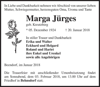 Traueranzeige von Marga Jürgens (geb. Kreutzberg)  von Magdeburger Volksstimme