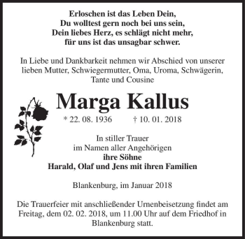 Traueranzeige von Marga Kallus  von Magdeburger Volksstimme