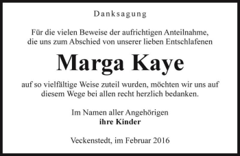 Traueranzeige von Marga Kaye  von Magdeburger Volksstimme