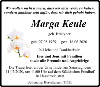 Traueranzeige von Marga Keule (geb. Brückner)  von Magdeburger Volksstimme