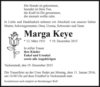 Traueranzeige von Marga Keye  von Magdeburger Volksstimme