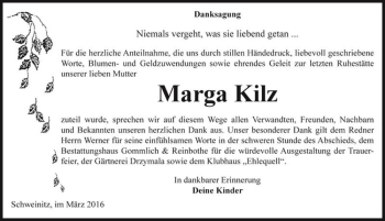Traueranzeige von Marga Kilz  von Magdeburger Volksstimme