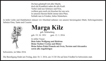 Traueranzeige von Marga Kilz (geb. Schöneberg)  von Magdeburger Volksstimme