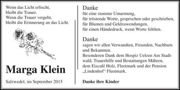 Traueranzeige von Marga Klein  von Magdeburger Volksstimme
