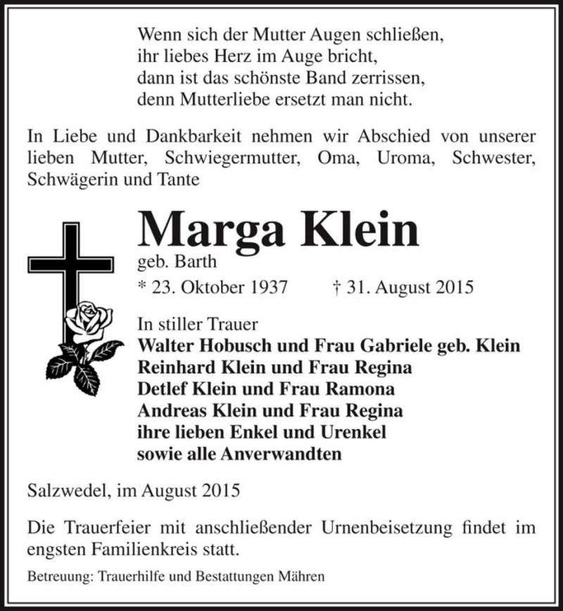  Traueranzeige für Marga Klein (geb. Barth)  vom 04.09.2015 aus Magdeburger Volksstimme