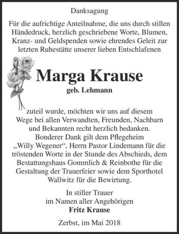 Traueranzeige von Marga Krause (geb. Lehmann)  von Magdeburger Volksstimme