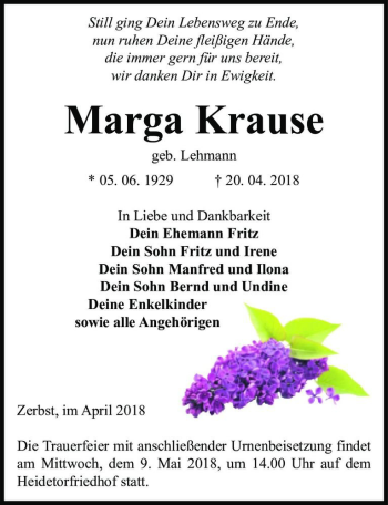Traueranzeige von Marga Krause (geb. Lehmann)  von Magdeburger Volksstimme
