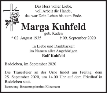 Traueranzeige von Marga Kuhfeld (geb. Kaden)  von Magdeburger Volksstimme