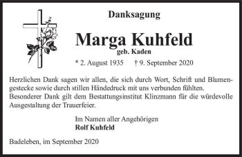 Traueranzeige von Marga Kuhfeld (geb. Kaden)  von Magdeburger Volksstimme